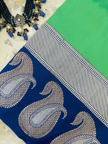 Banarasi Katan pure silk saree | Navy Blue and Parrot Green | Gold & Silver Zari | Kadiyal border | Handwoven | Ships from California